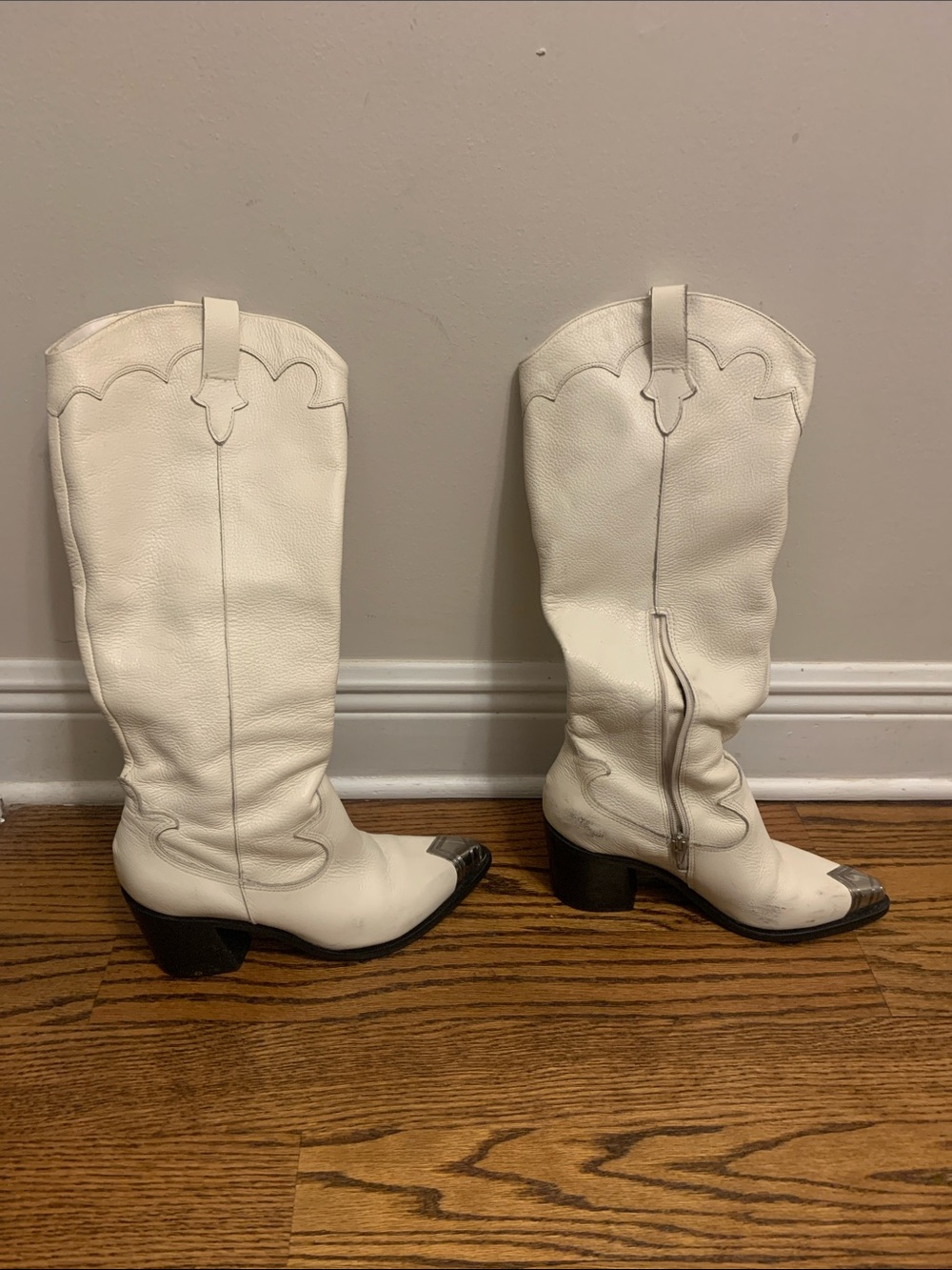 White Women's Western Knee-High Boots with Metal Toe